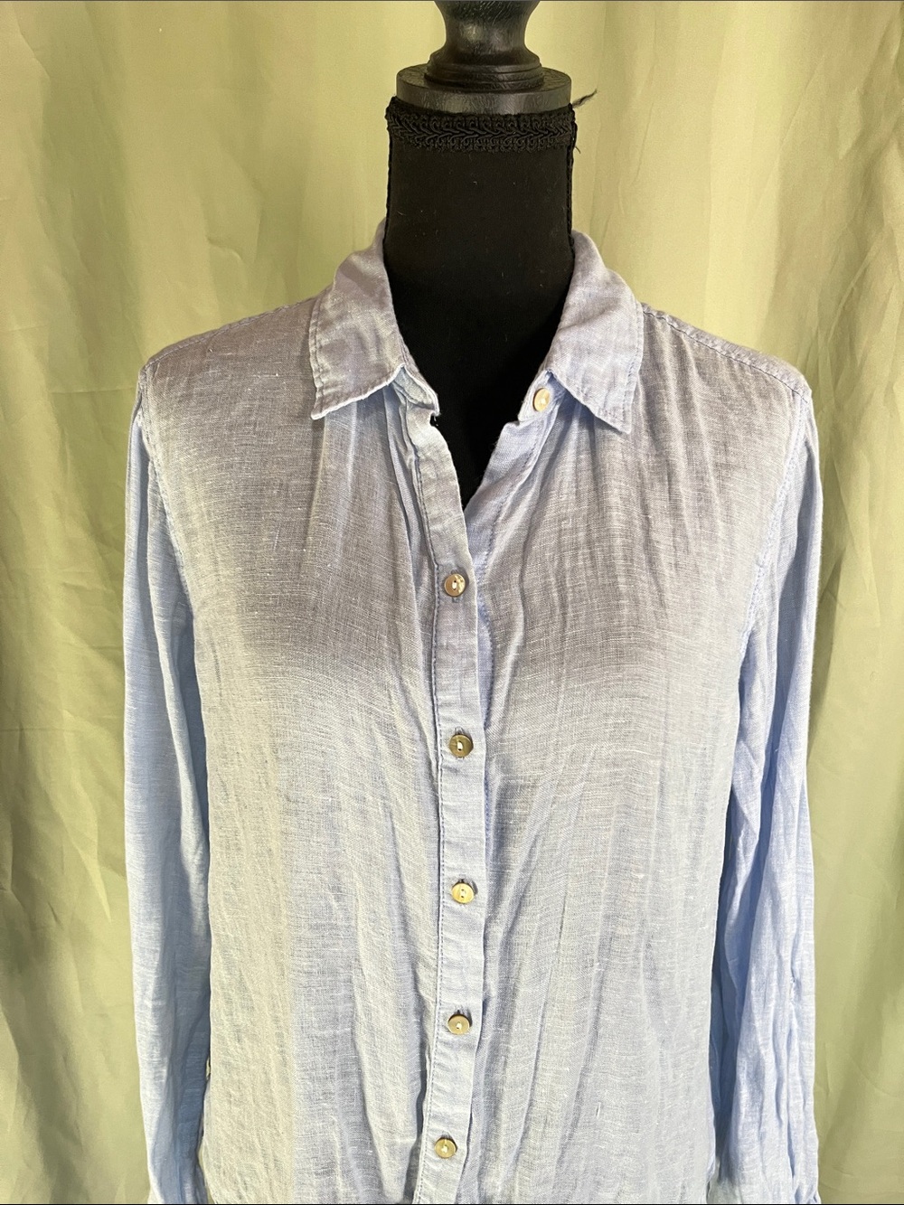 TAHARI Blue LINEN CROPPED Boxy Button-Down Shirt Small